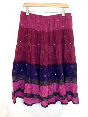 Tiered Midi Skirt Boho Hippie Flowy Purple Gold Sequin Sz L-see note
